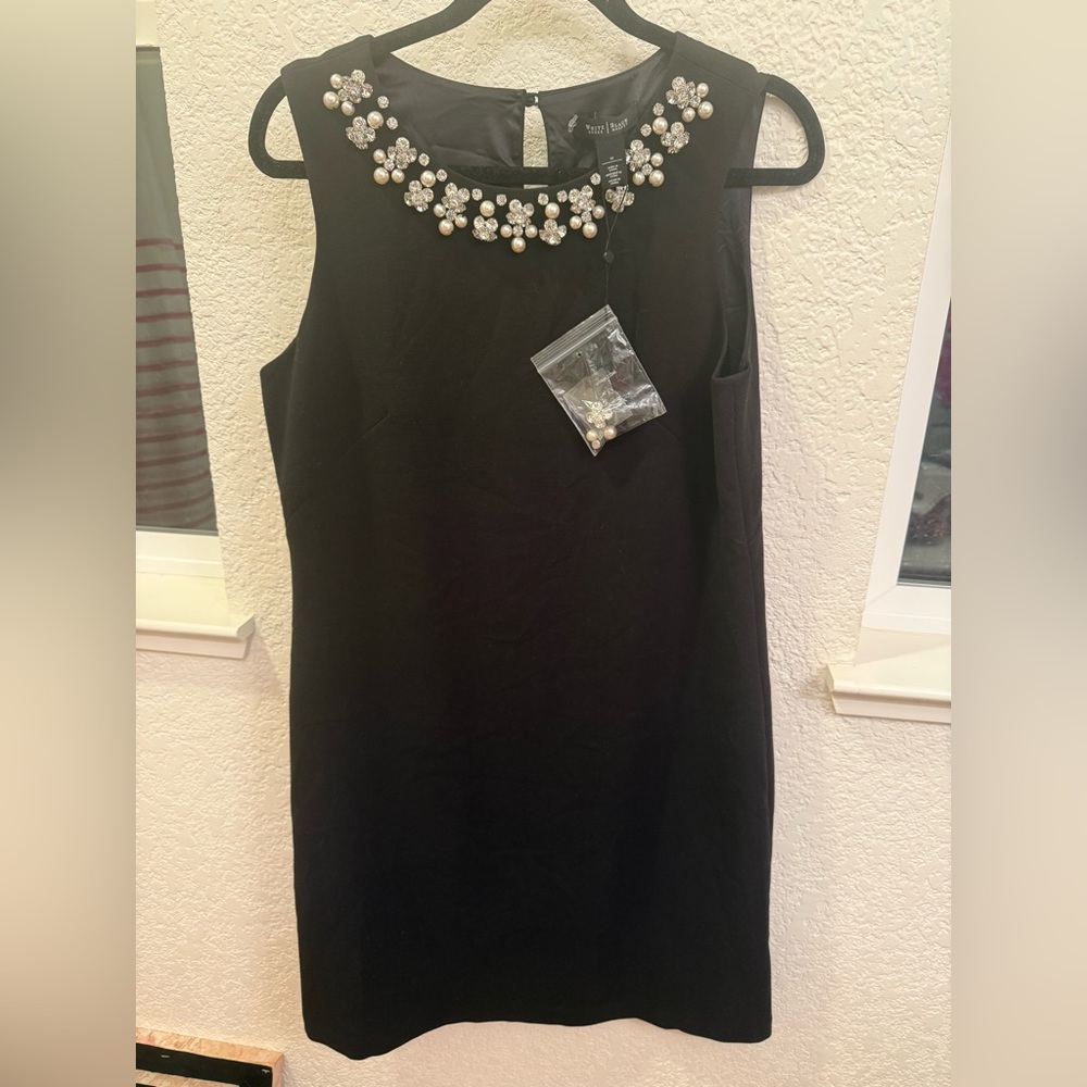 WHBM Sleeveless Sheath Dress Jeweled Rhinestone Pearl Neckline Size 12 LBD